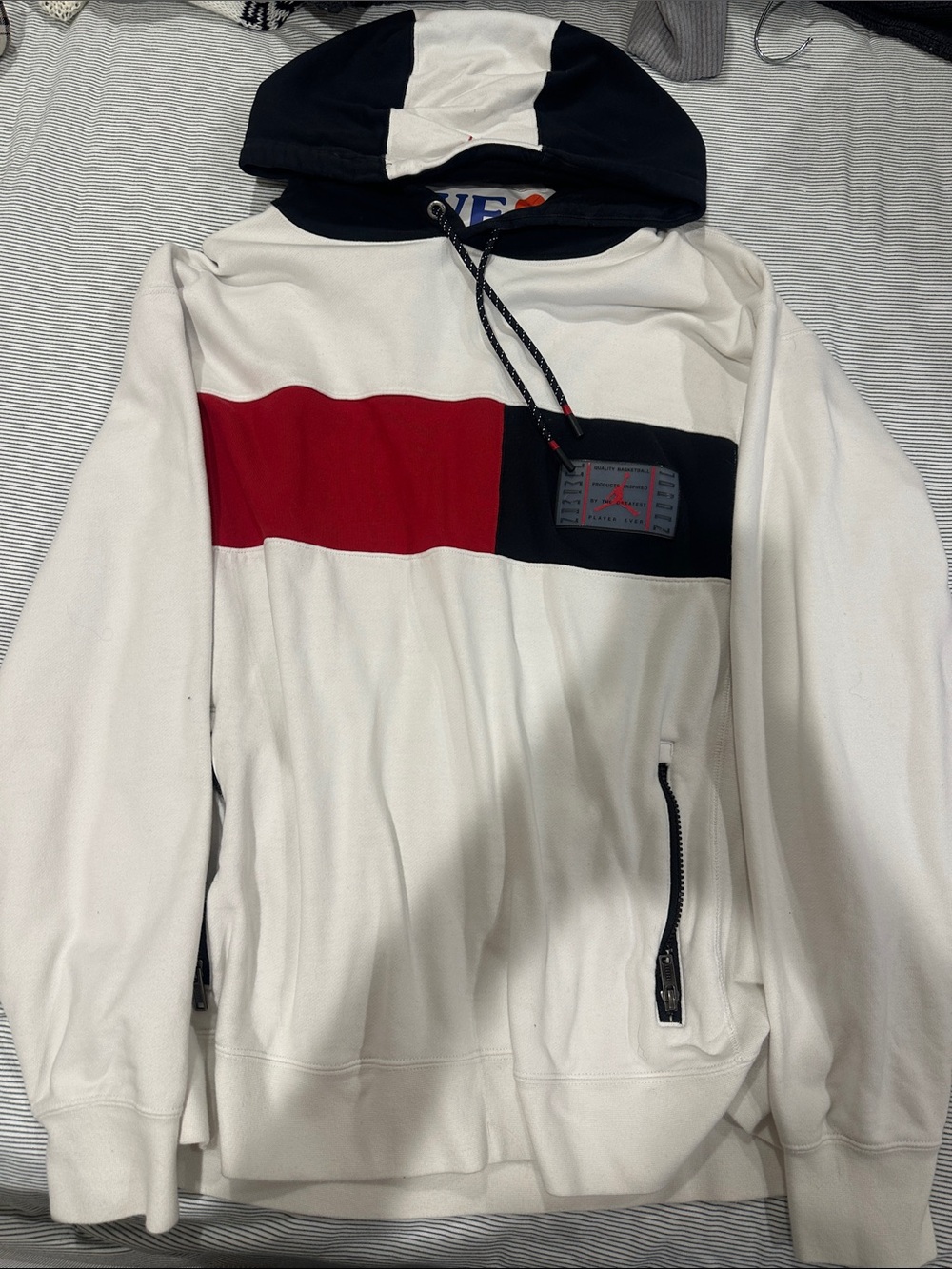 Jordan Men's White Hooded Zip Sweatshirt with Red and Black Chest Stripe